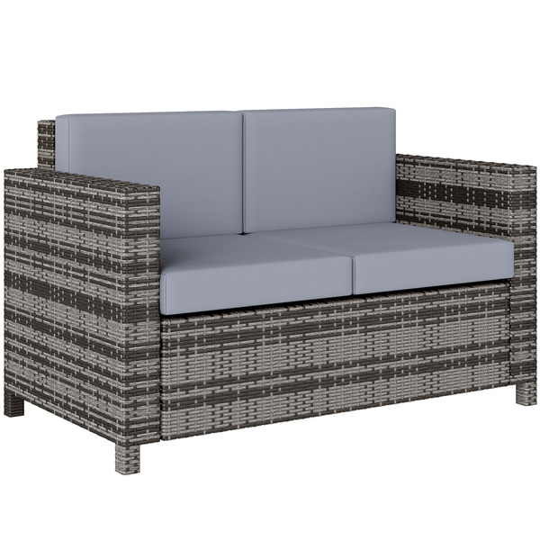 Outsunny Rattan Sofa, 2 Seater Garden Furniture with Soft Padded Cushion and Armrests, Wicker Garden Loveseat for Patio, Mixed Grey