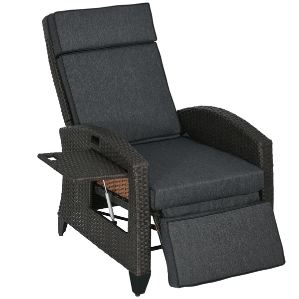 Outsunny Outdoor Recliner Chair with Adjustable Backrest and Footrest, Cushion, Side Tray, Dark Grey/Brown