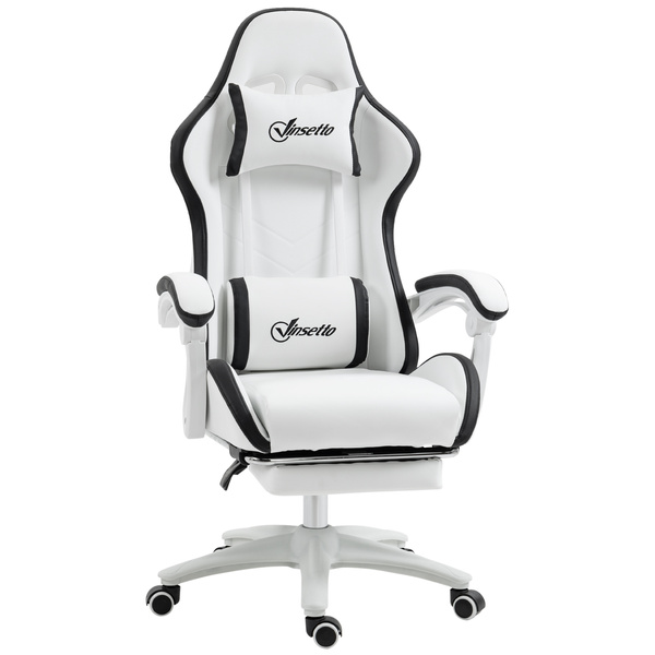 Vinsetto Computer Gaming Chair, PU Leather Office Desk Chair with Footrest, Swivel Wheels, 135° Reclining Back, Lumbar Support, Headrest for Home, White and Black
