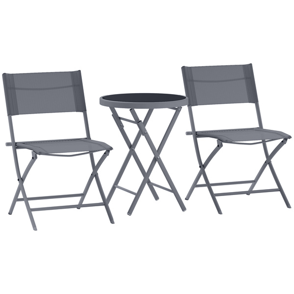 Outsunny 3 Pieces Outdoor Bistro Set, Glass Top Outdoor Table and 2 Folding Chairs with Protecting Feet, Grey