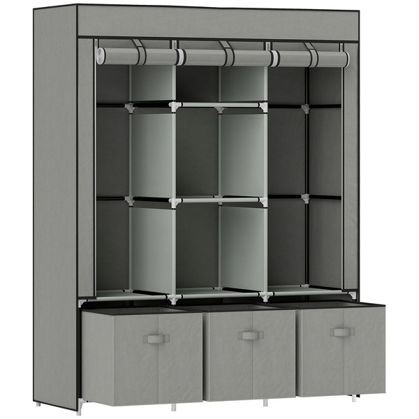 HOMCOM Foldable Fabric Wardrobe for Bedroom, Portable Wardrobe with 5 Shelves, 2 Hanging Rails and 3 Fabric Drawers, Light Grey