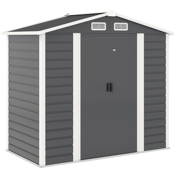 Outsunny 7 x 4ft Garden Shed, Easy to Assemble, Upgraded Galvanised Steel Frame with Foundation Kit, Double Doors with Lock, Outdoor Metal Shed with Vents and Gloves, Garden Storage Shed, Dark Grey