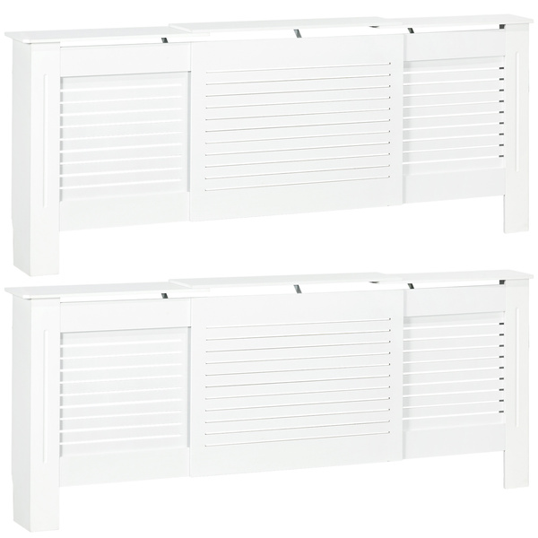 HOMCOM Set of 2 MDF Extendable Radiator Cover with Cabinet Shelving, Home Office Slatted Design, White 139-208.5L x 20.5W x 82.5H cm
