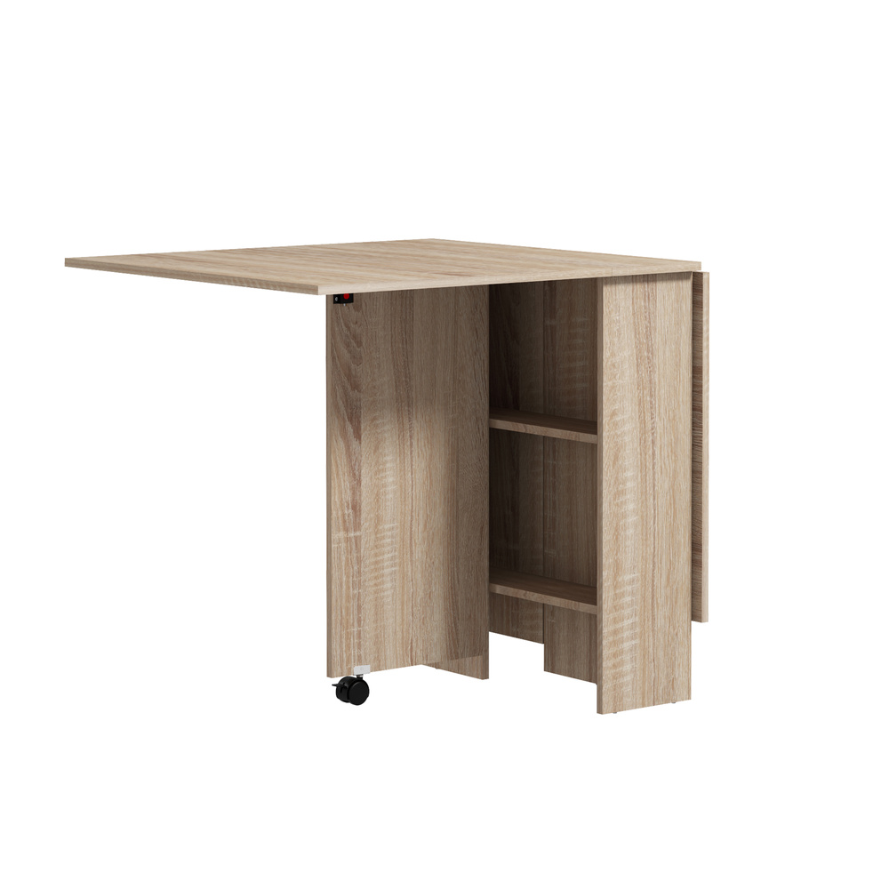 HOMCOM 80-140 cm Folding Dining Table for 4-6 People, Drop Leaf Table with 2-Tier Shelves, Rolling Casters, for Small Spaces, Kitchen, Flat, Dining Room, Natural