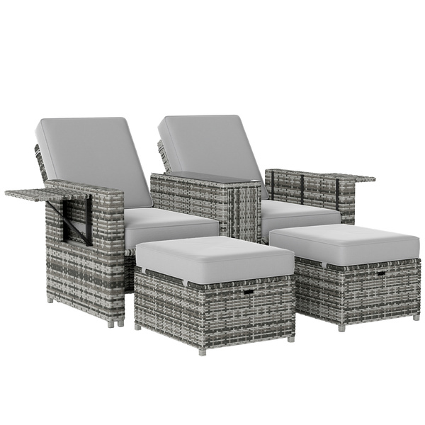 Outsunny Rattan Sun Lounger w/ Storage Tea Table & Footstools, Grey