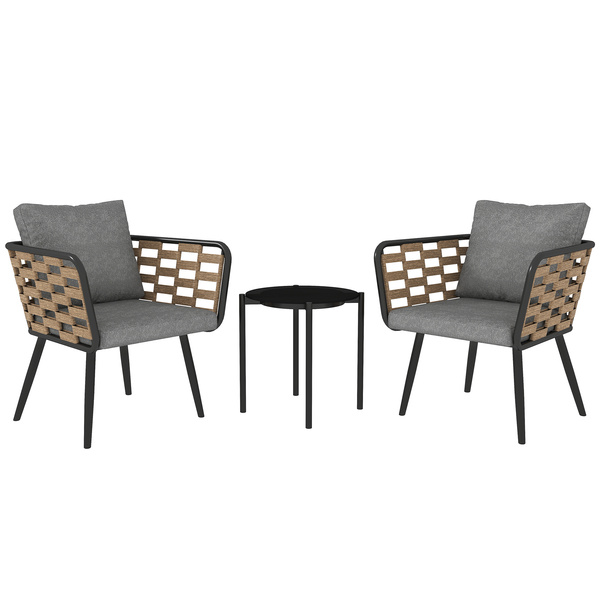 Outsunny 3 Pieces Rattan Bistro Set with Washable Seat and Back Cushions, Glass Top Coffee Table, for Outdoor, Patio, Black