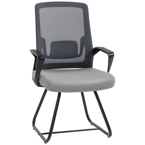 HOMCOM Desk Chair No Wheels, Office Chair with Mesh Back, Lumbar Support, Metal Base for Waiting Room, Conference Room, Dark Grey