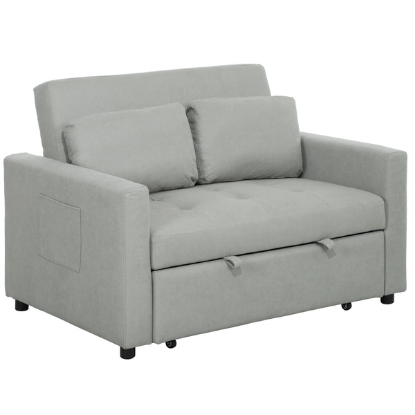 HOMCOM Loveseat Sofa Bed, Convertible Bed Settee with 2 Pillows, Side Pockets, Light Grey