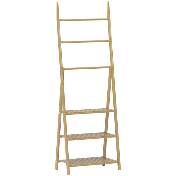 HOMCOM Three-Shelf Bamboo Storage Unit, with Towel Racks - Natural Finish
