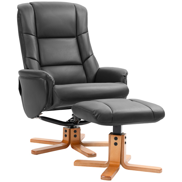 HOMCOM Rocking Recliner Chair with Footstool, PU Leather Recliner Armchair with Wood Base, Upholstered Reclining Chair for Living Room Bedroom, Black
