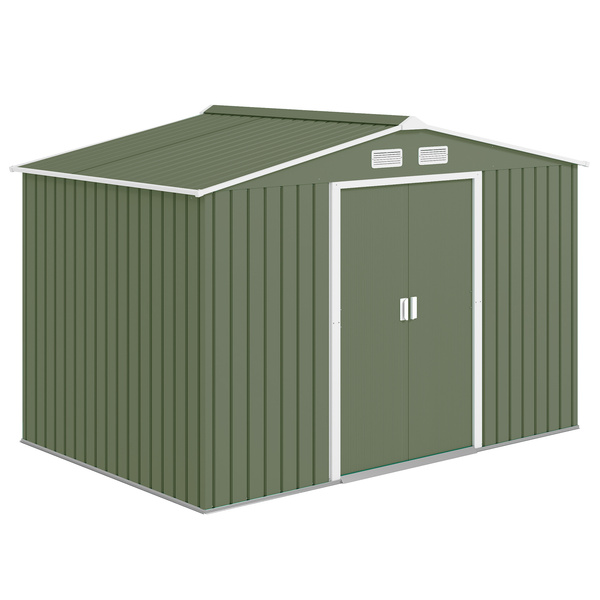 Outsunny 9 x 6ft Metal Garden Shed, Outdoor Storage Tool House with Ventilation Slots, Foundation Kit and Lockable Double Doors, Light Green