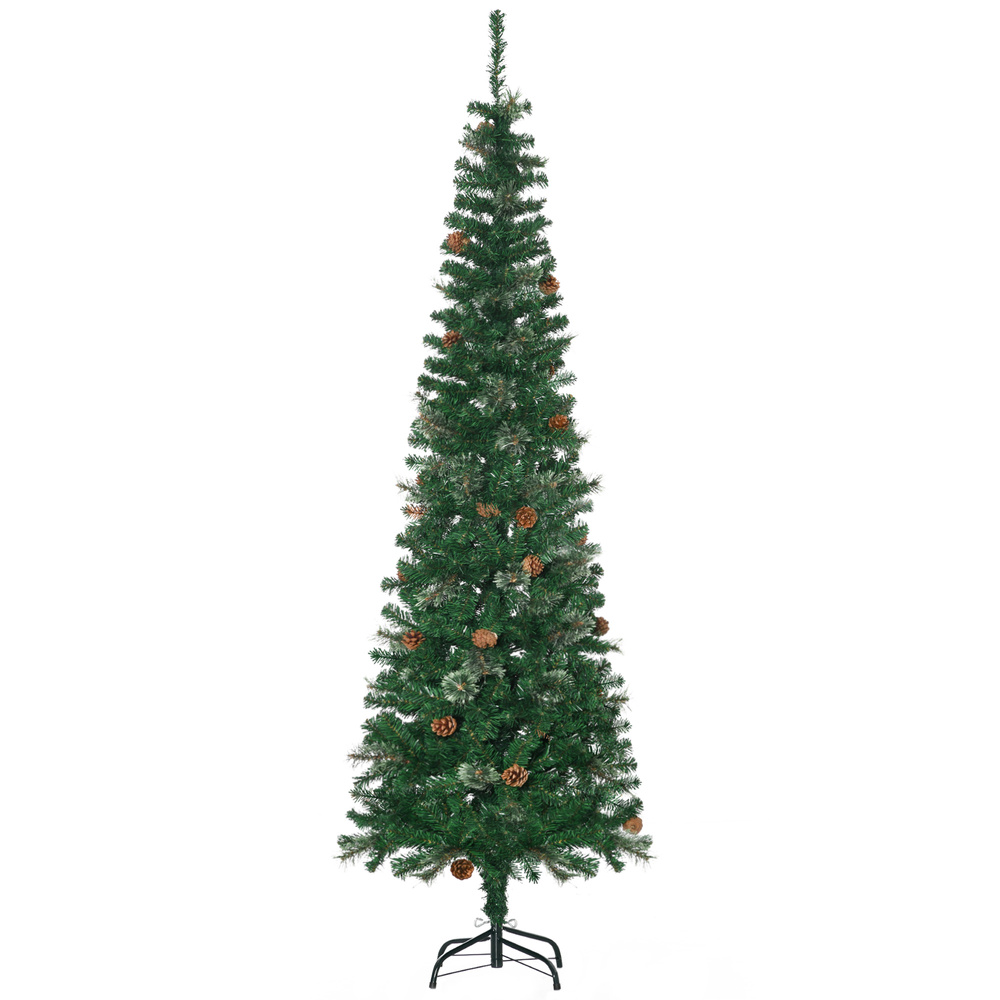HOMCOM 6.5FT Tall Pencil Slim Artificial Christmas Tree with Realistic Branches, Tip Count and Pine Cones, Pine Needles Tree, Xmas Decoration, Green