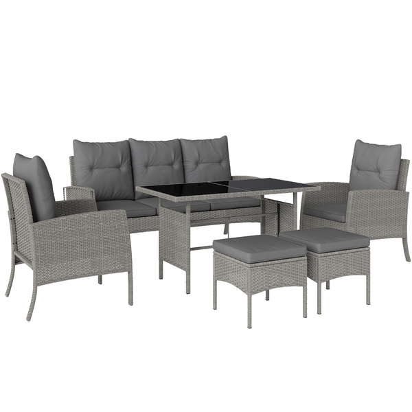 Outsunny 5 Seater Rattan Garden Furniture Set, 6 Piece Garden Sofa Set, Armchairs, 3-Seater Sofa, Footstools, Glass Dining Table, Cushions, Wicker Outdoor Furniture for Conservatory Patio, Grey