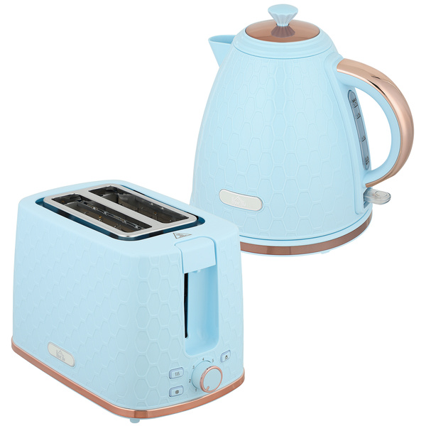 HOMCOM 1.7L 3000W Fast Boil Kettle & 2 Slice Toaster Set, Kettle and Toaster Set with Auto Shut Off, Browning Controls, Light Blue