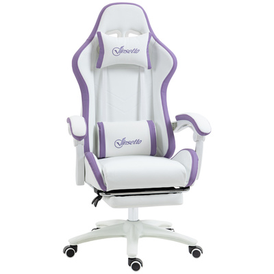 Vinsetto Computer Gaming Chair, PU Leather Office Desk Chair with Footrest, Swivel Wheels, 135° Reclining Back, Lumbar Support, Headrest for Home, White and Purple