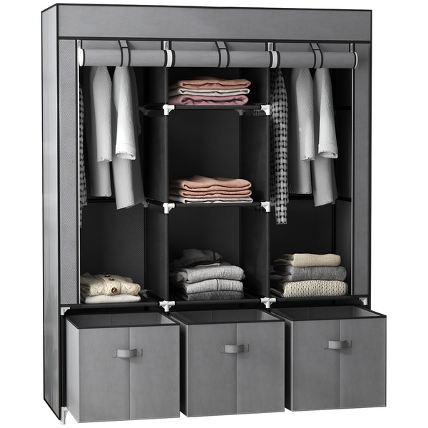 HOMCOM Foldable Fabric Wardrobe for Bedroom, Portable Wardrobe with 5 Shelves, 2 Hanging Rails and 3 Fabric Drawers, Dark Grey