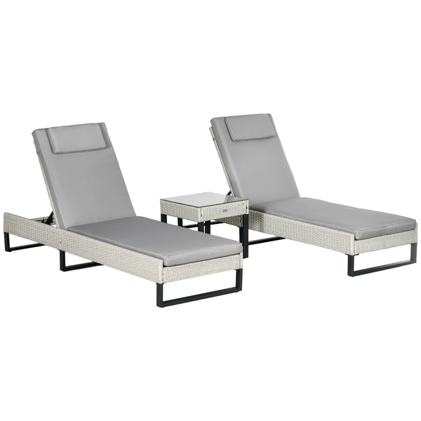 Outsunny 3-piece PE Rattan Sun Lounger Set with Adjustable 5-Position Recliner, Patio Chaise Lounge Chair Set with Cushions, Headrests, Glass Top Square Coffee Table, Light Grey