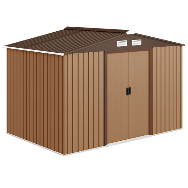 Outsunny 9 x 6ft Metal Garden Shed, Outdoor Storage Tool House with Ventilation Slots, Foundation Kit and Lockable Double Doors, Light Brown
