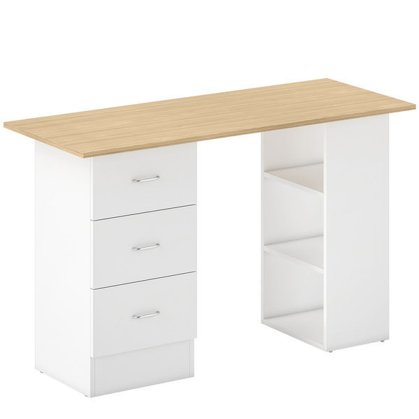 HOMCOM Computer Desk with Drawers, Home Office Desk, Writing Table, PC Workstation with 3 Storage Shelves for Working, Study, 120 x 49 x 72 cm, Natural Wood Finish and White
