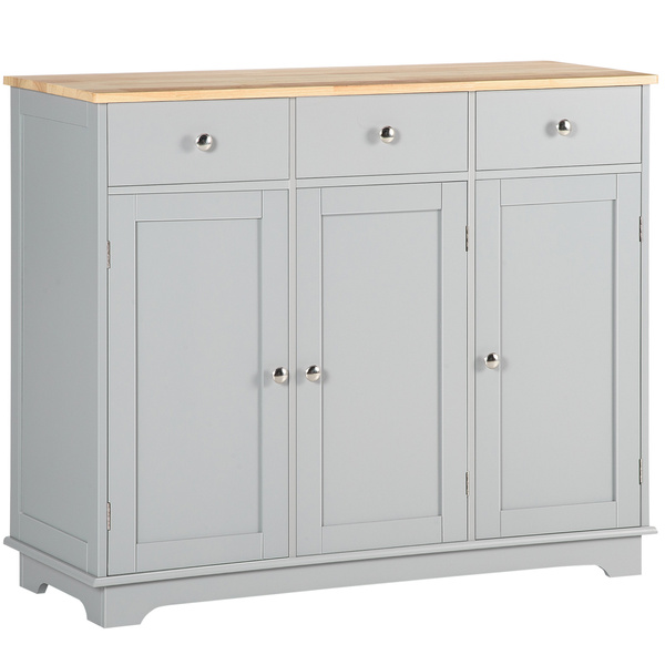 HOMCOM Sideboard with Rubberwood Top and Independent Storage Shelves for Dining Room, Kitchen - Grey