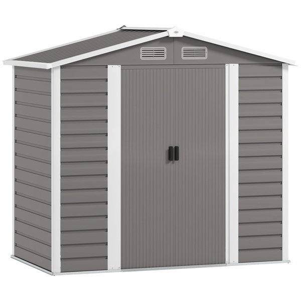 Outsunny 7 x 4ft Garden Shed, Easy to Assemble, Upgraded Galvanised Steel Frame with Foundation Kit, Double Doors with Lock, Outdoor Metal Shed with Vents and Gloves, Garden Storage Shed, Light Grey