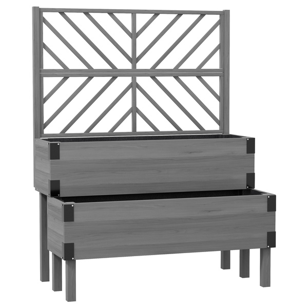 Outsunny Raised Garden Bed with Trellis, 2-Tier Wooden Elevated Planter Box  for Vegetables, Flowers, Herbs, Grey