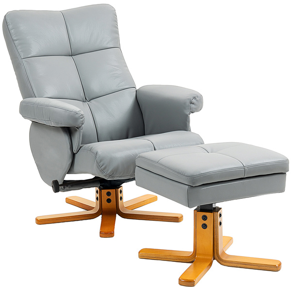 HOMCOM PU Leather Swivel Recliner Chair with Footstool, Wooden Base and Storage for Living Room, Light Grey