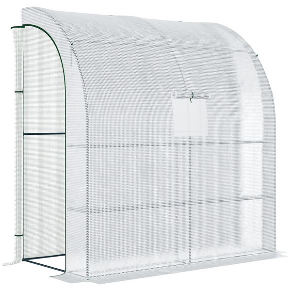 Outsunny Walk-In Lean to Wall Greenhouse with Windows and Doors, Outdoor Green House with 3 Tiers 4 Wired Shelves, 200L x 100W x 215Hcm, White
