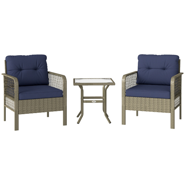 Outsunny 3 Pieces Rattan Bistro Set with Glass Top Coffee Table, Chairs and Cushions for Outdoor, Patio, Balcony, Charcoal Grey