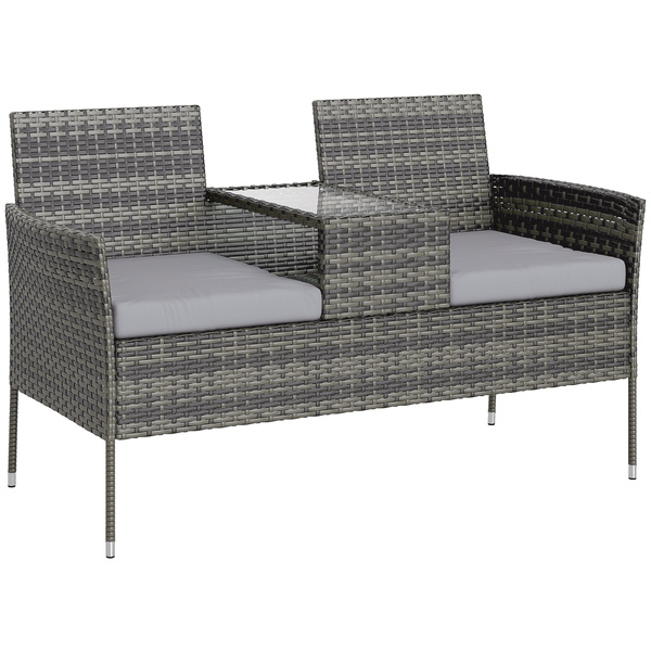 Outsunny Two-Seat Rattan Chair, with Middle Table - Charcoal Grey