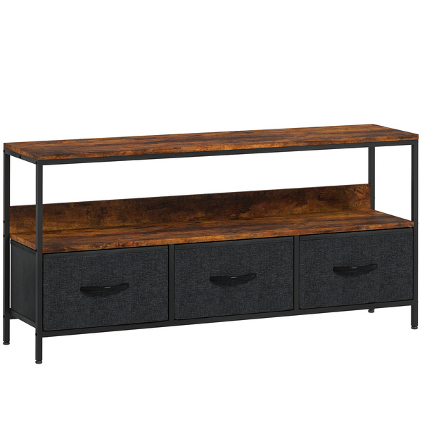 HOMCOM TV Stand Cabinet with 3 Foldable Drawers - Rustic Brown
