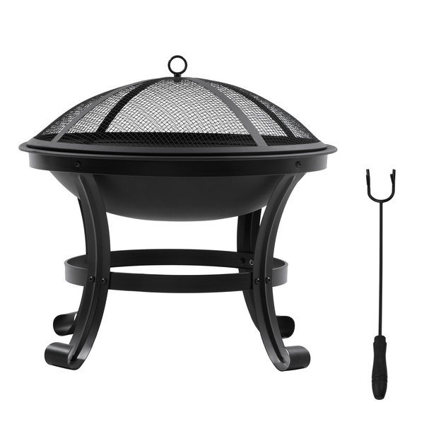 Outsunny Outdoor Fire Pit, Firepit with Mesh Lid, Poker, for Camping, Bonfire, Picnic, Black