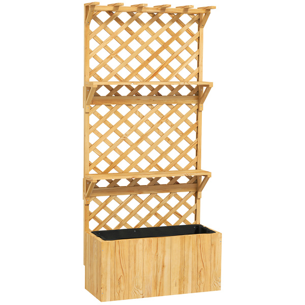 Outsunny 52L Wooden Planter, with Trellis and Shelves - Natural Finish