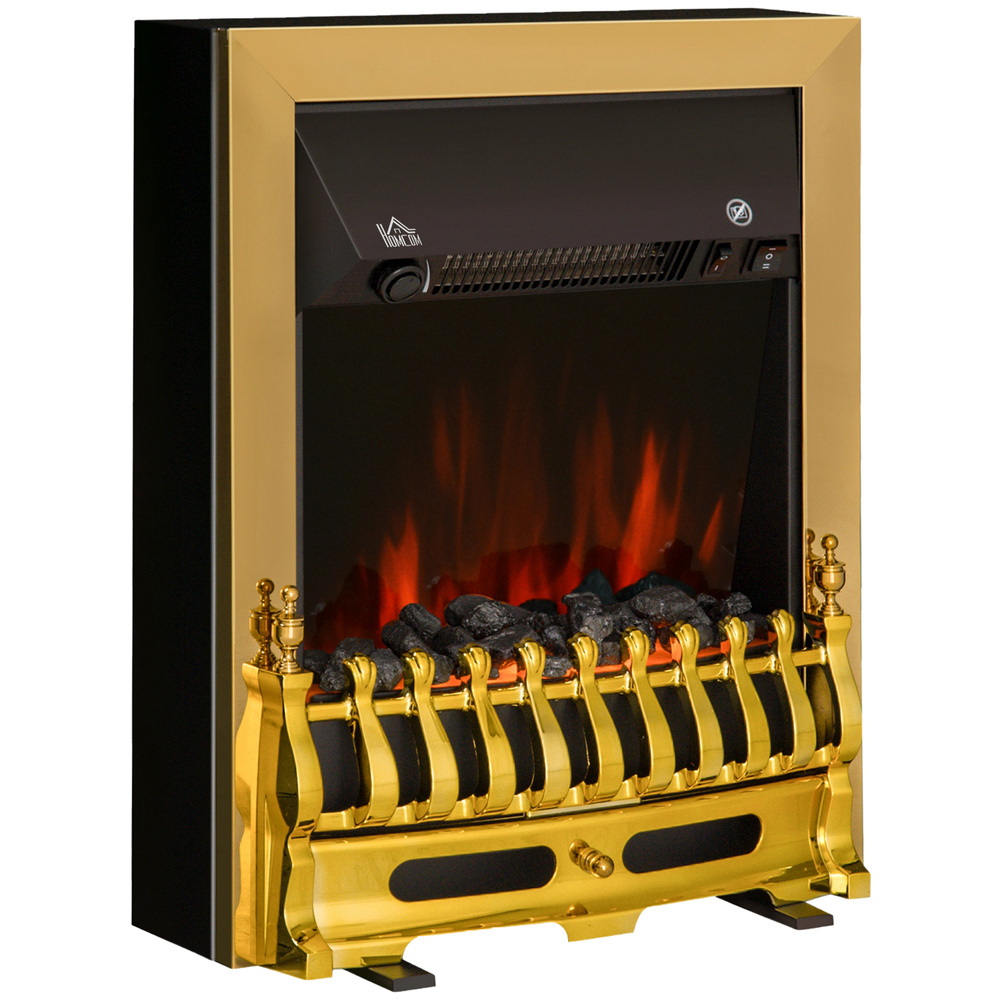 HOMCOM Contemporary Electric Fireplace Coal Burning Flame Effect Inset Fire Place Space Heater Glass View LED Lighting, 1000W/2000W, Golden