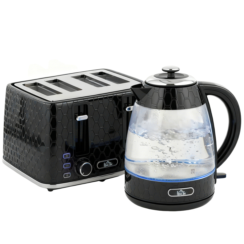 HOMCOM Kettle and Toaster Set, 1.7L 3000W Rapid Kettle with Strix Thermostat, 4 Slice Toaster with 7 Browning Controls, Black