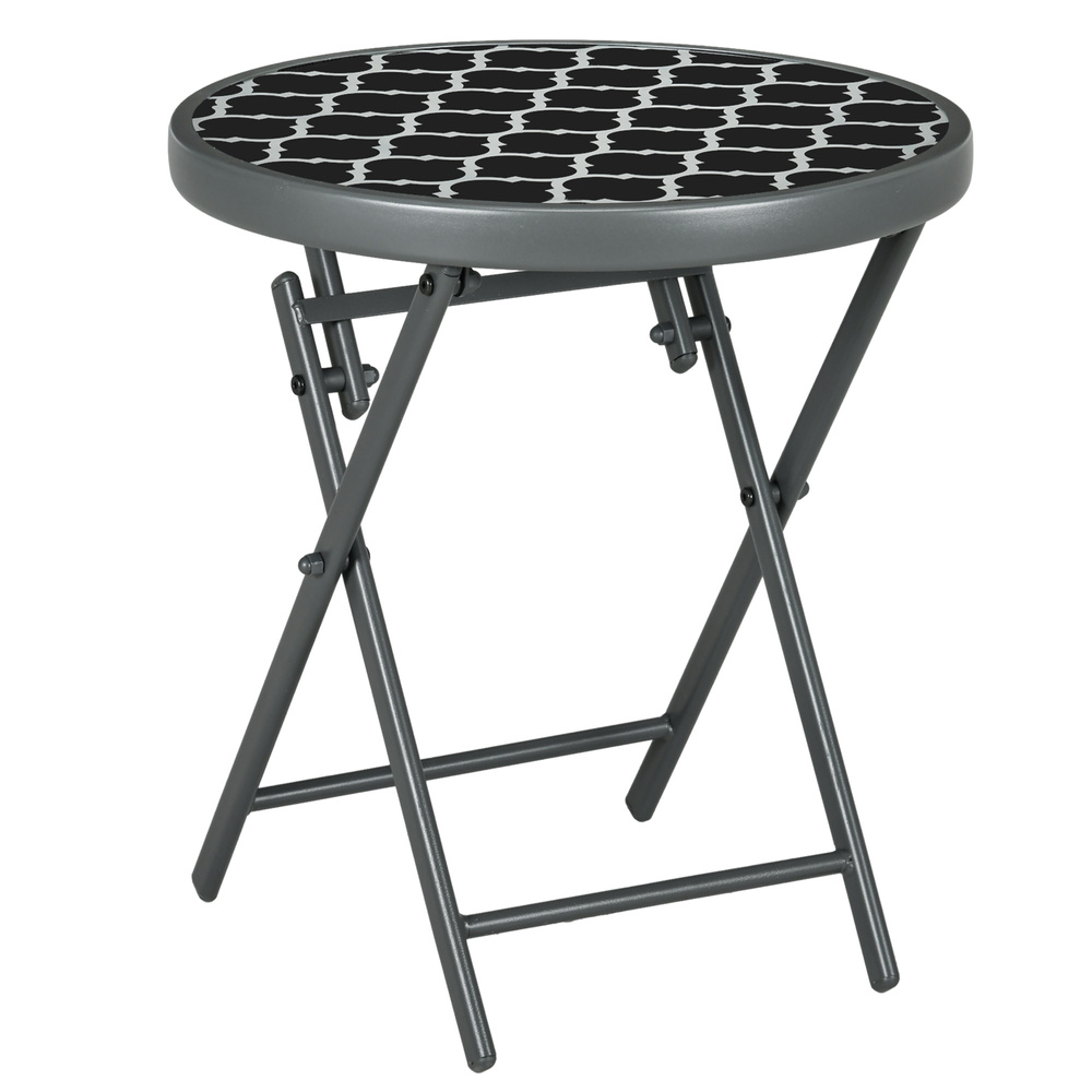 Outsunny Φ45cm Garden Side Table, Outdoor Round Folding Patio Table with Imitation Marble Glass Top, Small Coffee Table, Black and White