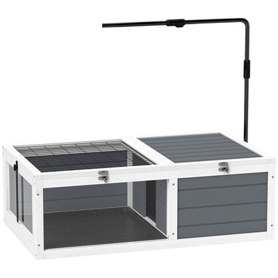 PawHut Tortoise Table with Adjustable Lamp Holder, Wooden Tortoise House w/ Openable Lids, Pull-Out Trays - Grey