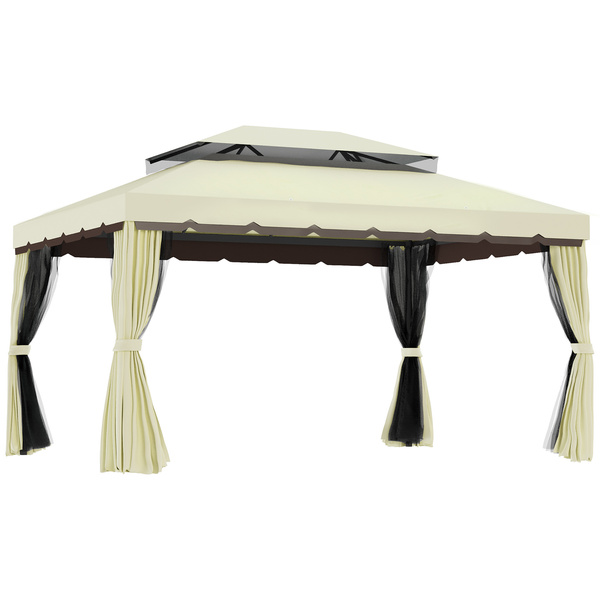 Outsunny 4 x 3 m Aluminum Garden Gazebo, Double Roof Outdoor Gazebo Canopy Shelter with Netting & Curtains for Garden, Lawn, Backyard and Deck, Cream