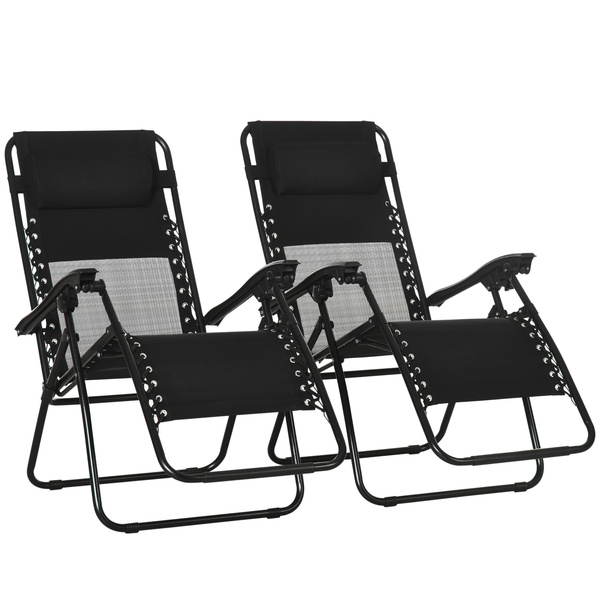 Outsunny Garden Recliner Chairs Set of 2, Outdoor Foldable Zero Gravity Chairs Set w/ Footstool and Detachable Headrest, Black