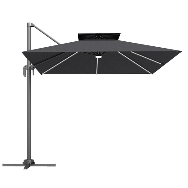 Outsunny 2.5m Cantilever Parasol with Solar Powered LED Lights, 360° Rotation, Tilt Adjustment, Crank Handle, Dark Grey