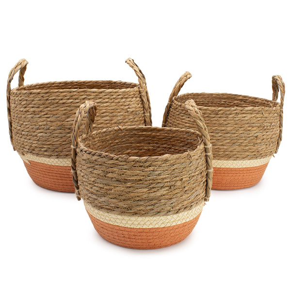 Straw & Seagrass Large Baskets - Natural & Orange- Set of 3