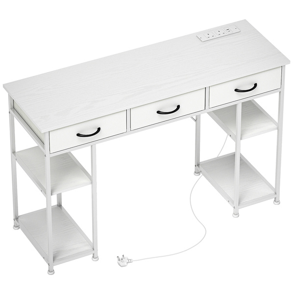 HOMCOM 120cm Computer Desk with Power Outlets, Office Desk Study Table with 3 Fabric Drawers and 4 Storage Shelves, White