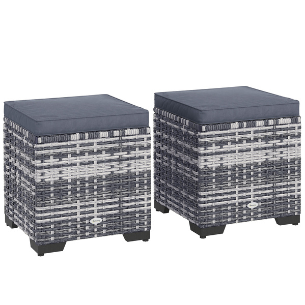 Outsunny Set of 2 Rattan Storage Ottoman, Outdoor Footstool with Removable Cushions, Garden Storage Seat for Balcony, Porch, Living Room, Dark Grey