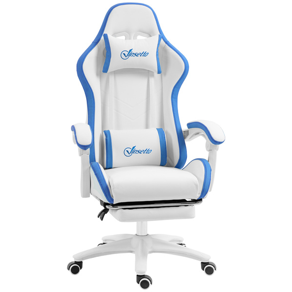 Vinsetto Computer Gaming Chair, PU Leather Office Desk Chair with Footrest, Swivel Wheels, 135° Reclining Back, Lumbar Support, Headrest for Home, White and Blue