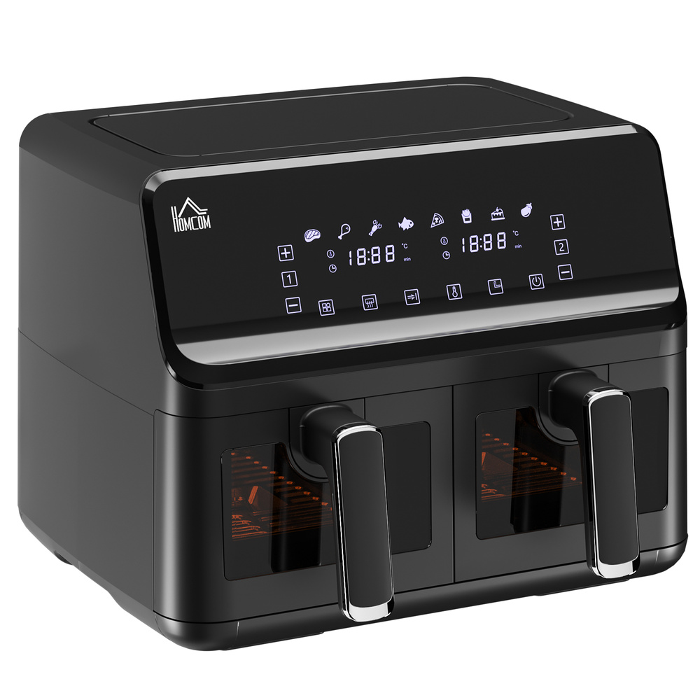 HOMCOM 8L Dual Basket Air Fryer, 8-in-1 Air Fryer Oven with Digital Display, Visible, Timer, Preheat for Oil Free Low Fat Cooking, 2500W, Sync Finish, Sliver