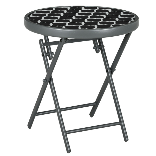 Outsunny Φ45cm Garden Side Table, Outdoor Round Folding Patio Table with Imitation Marble Glass Top, Small Coffee Table, Black and White
