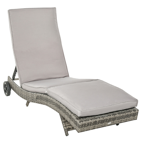 Outsunny Patio Wicker Chaise Lounge Chair, Outdoor PE Rattan Sun Lounger with Adjustable Backrest and 2 Wheels, Grey
