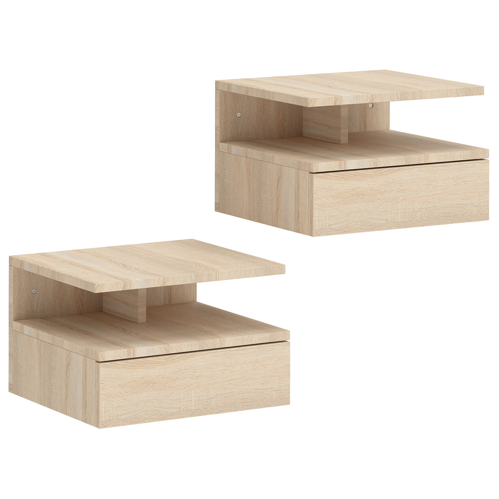 HOMCOM Set of Two Floating Bedside Tables - Oak Tone