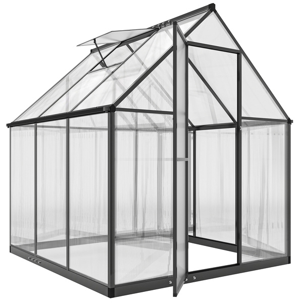 Outsunny Polycarbonate Greenhouse with Swing Door and Adjustable Window, Walk-in Greenhouse with Rain Gutter, 6 x 6.5ft, Black