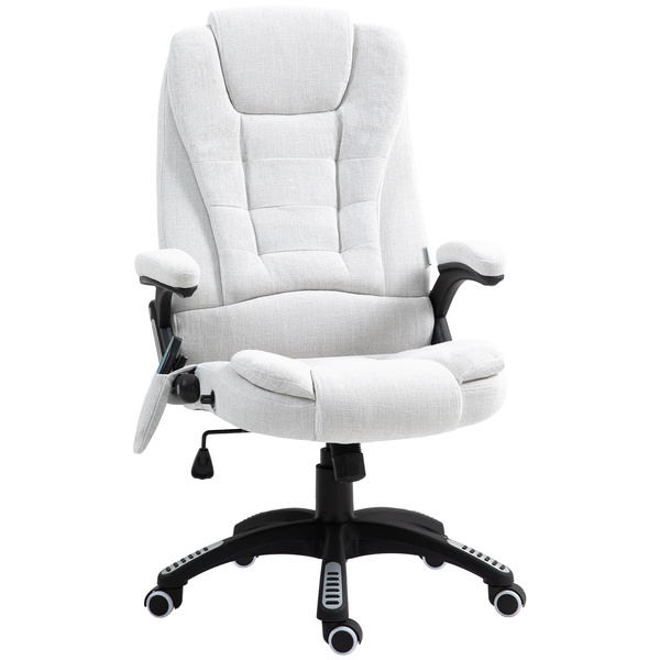 Vinsetto Massage Recliner Chair Heated Office Chair with Six Massage Points Linen-Feel Fabric 360° Swivel Wheels Cream White